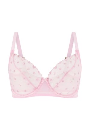 Reggiseno trasparente rosa chiaro con ricamo a forma di cuore, spalline regolabili, coppe con ferretto e piccolo fiocco frontale.