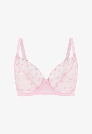 Soutien-gorge transparent rose pâle avec broderie en forme de cœur, bretelles réglables, bonnets armaturés et petit nœud décoratif à l'avant.