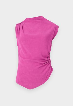Fuchsia sleeveless shirt featuring an asymmetrical neckline, gathered detail on one shoulder, and a flowing, soft texture.