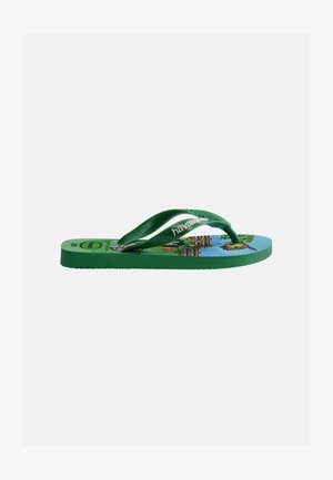 Groene teenslipper met een blauw voetbed met een kleurrijke stadsbeeldprint en groene, getextureerde bandjes met het merk "havaianas".