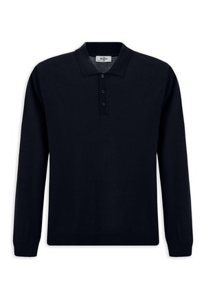 Langsleeve polo shirt van effen zwart gebreid materiaal. Heeft een klassieke kraag, een drieknoopssluiting en ribgebreide manchetten en zoom.