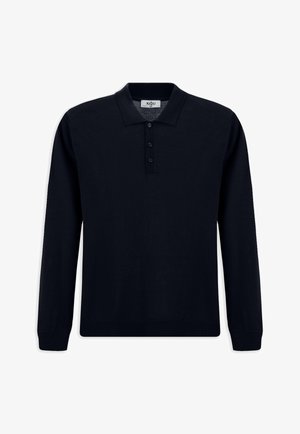 Camisa polo de manga larga en tela de punto negro sólido. Presenta un cuello clásico, una tapeta de tres botones y puños y dobladillo acanalados.