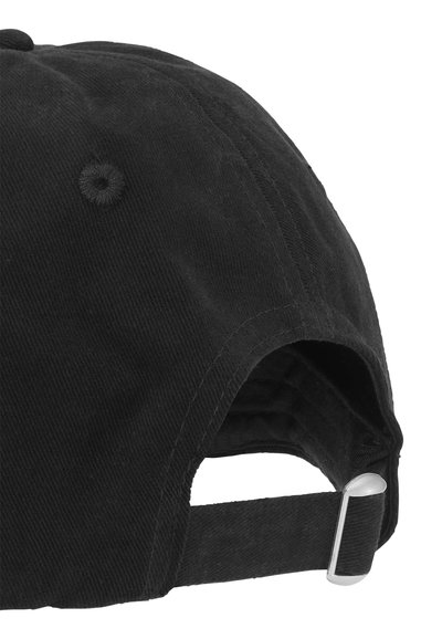 Black corduroy cap with a rounded crown, curved brim, and an adjustable metallic clasp on the back. Textured fabric with stitched accents.