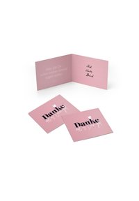 Rózsaszín üdvözlőkártya dizájn, amely hajtogatható szerkezetű. Belső szöveg: "Ich liebe Dich" és egy díszes minta; kívül "Danke" felirat fekete színben.