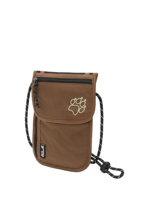 Small brown neck pouch with front flap, zippered pocket, black and white adjustable cord, and a paw print logo on flap.