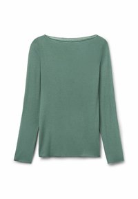 Top de manga larga en tejido verde suave con un escote amplio y dobladillo recto. Presenta un ajuste relajado y un ligero stretch para mayor comodidad.