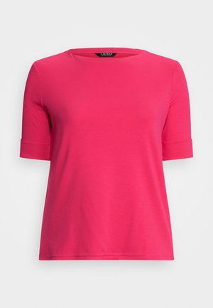 Lyserød kortærmet t-shirt lavet af blødt stof, med rund halsudskæring og oprullede ærmekanter. Klassisk, afslappet pasform med en glat tekstur.