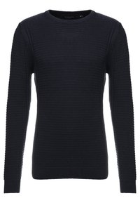 Marineblauwe geribbelde gebreide trui met lange mouwen en een ronde hals, medium maat, eenvoudige stijl.