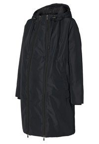 Sort, hættejakke med et langt, løst design, to frontlynlås lommer og en glat, blank stoffinish.