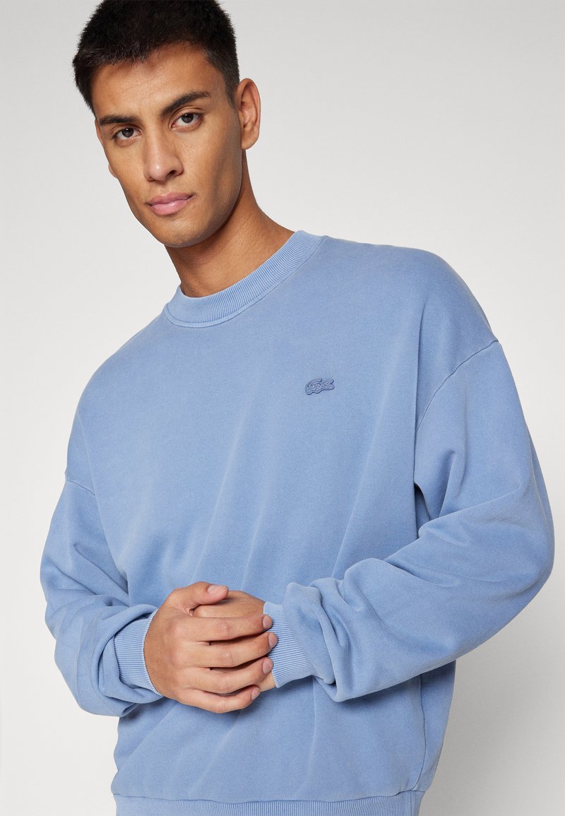 Sudadera azul con cuello redondo, puños acanalados y un logo de Lacoste bordado en un color a juego en el pecho. Textura suave.