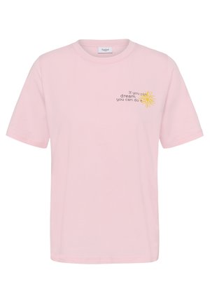 Tricou roz deschis cu mâneci scurte, guler rotund și text mic „Dacă poți să visezi, poți să faci” lângă un grafic cu soare galben pe piept.