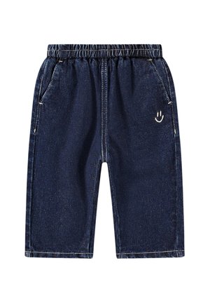 Dunkelblaue elastische Jeansshorts mit seitlichen Taschen und einer kleinen weißen Smiley-Stickerei am rechten Bein.
