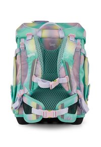 Sac à dos avec un dégradé de couleurs pastel, rembourrage en mesh, bretelles réglables et accents de motifs circulaires. Dispose d'un système d'ajustement intégré.