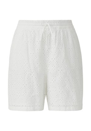 Białe bawełniane szorty z haftem w kształcie oczek oraz kwiatowymi wzorami, elastycznym pasem i regulowanym sznurkiem do dostosowania rozmiaru.