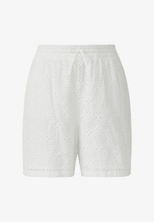 Shorts bianchi in cotone con ricami ad occhiello e motivi floreali, vita elastica e cordino regolabile per una vestibilità flessibile.