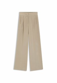 Beige broek met wijde pijpen en een hoge taille, voorzien van zijzakken en een gladde textuur. Strakke lijnen en minimale stikseldetails.