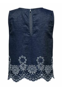 Top senza maniche in denim scuro con ricami floreali bianchi lungo l'orlo e chiusura con bottoni sul retro con un dettaglio a spacco.
