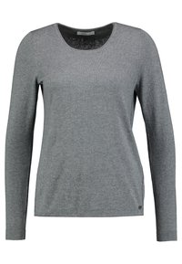 Grå langærmet sweater med rund hals, ribbede manchetter og sideslids ved kanten. Blødt strikket stof, minimal branding ved bunden.
