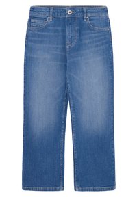 Pantalones vaqueros de pierna ancha en azul claro, con cierre de botón y cremallera, cinco bolsillos y textura desgastada en toda su superficie.