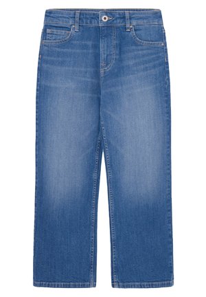 Pantalones vaqueros de pierna ancha en azul claro, con cierre de botón y cremallera, cinco bolsillos y textura desgastada en toda su superficie.