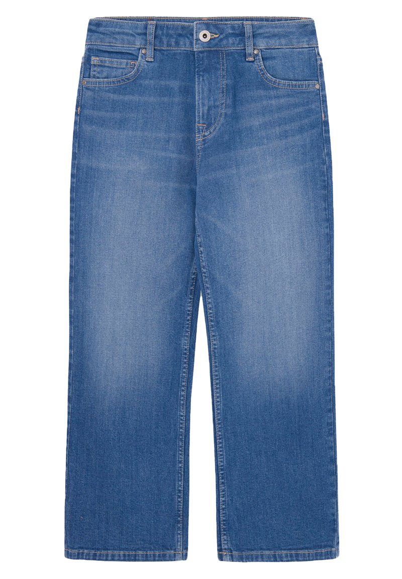 Pantalones vaqueros de pierna ancha en azul claro, con cierre de botón y cremallera, cinco bolsillos y textura desgastada en toda su superficie.
