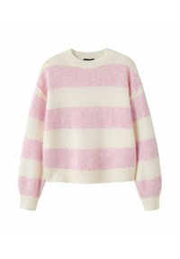 Miękki, prążkowany sweter w delikatnym różu i kremie. Posiada okrągły dekolt, opuszczone ramiona oraz prążkowane mankiety i dół. Luźny krój.