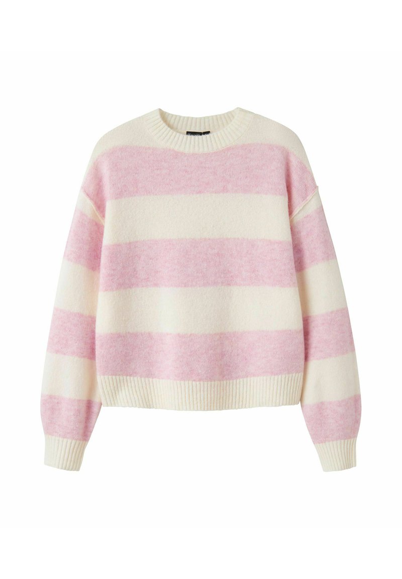 Miękki, prążkowany sweter w delikatnym różu i kremie. Posiada okrągły dekolt, opuszczone ramiona oraz prążkowane mankiety i dół. Luźny krój.