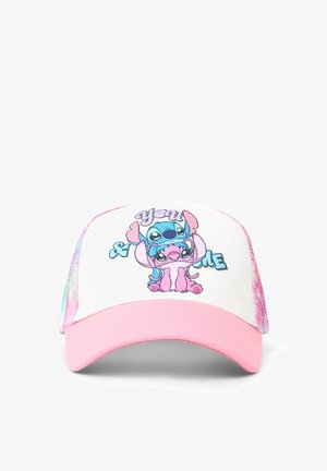 Cappellino da baseball rosa con pannello frontale bianco che presenta un disegno a cartone animato di due personaggi. Fianchi in rete con motivo sfumato pastello.