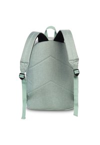 Lichtgroene stoffen rugzak met een gewatteerd, gestructureerd oppervlak, voorzien van verstelbare riemen en een geometrisch ontwerp op het achterpaneel.