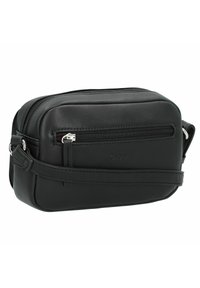 Bolso negro de cuero cruzado con dos compartimentos con cremallera, textura suave, forma rectangular y correa ajustable. Presenta una marca sutil.