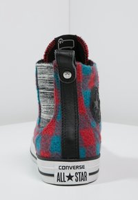 Baskets montantes en mélange de laine à carreaux rouges et bleus, avec un empiècement arrière en cuir noir et une semelle en caoutchouc ornée du logo Converse.