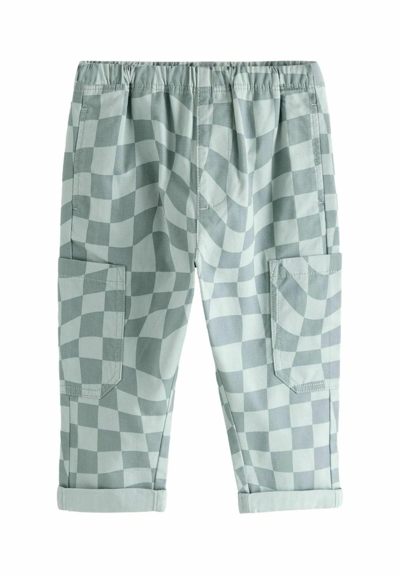 Cargo-Hosentypen in einem karierten Muster, mit einer hellgrünen Farbe, elastischem Bund, hochrollbaren Bündchen und zwei Seitentaschen.