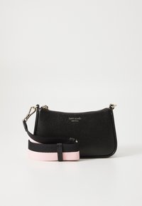 Black leather handbag with a textured finish, featuring a gold logo and a detachable strap in black and pink with a smooth texture.