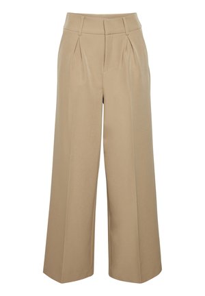 Beige, bő szárú nadrág elöl pliszírozással, sima textúrával és szabott derekkal. Az alja széles és egyenes szabású.
