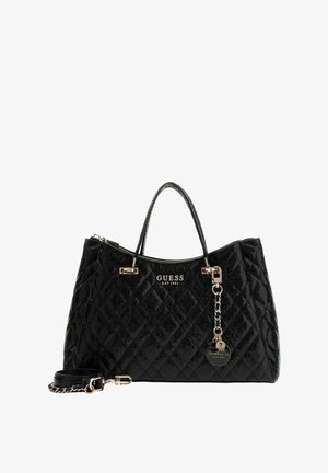 Sac à main noir matelassé avec logo brillant, quincaillerie argentée et détails en chaîne. Dispose de deux poignées et d'une bandoulière amovible.