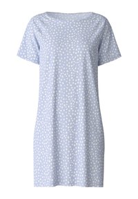 Light blue short-sleeve dress with a round neckline and white polka dot pattern. Made from soft fabric, the design is loose-fitting and casual.