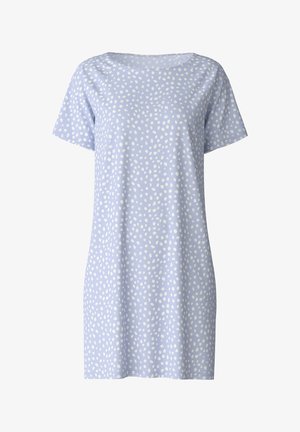 Hellblaues Kurzarmpkleid mit Rundhalsausschnitt und weißen Punkte-Muster. Hergestellt aus weichem Stoff, hat das Design eine lockere und lässige Passform.