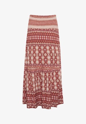 Gonna maxi con un design a strati, caratterizzata da una combinazione di motivi rossi e crema, inclusi motivi geometrici e floreali. Realizzata in tessuto leggero.