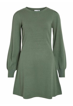 Vestito verde a maglia con maniche lunghe a sbuffo, scollatura rotonda e silhouette ad A svasata. Texture morbida e polsini a costine.