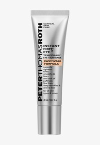 Tube métallique argenté de Peter Thomas Roth Instant Firm Eye, avec texte noir et accent orange, taille de 20 ml, présentant un design épuré pour les soins de la peau.
