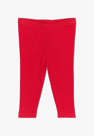 Red ribbed leggings with an elastic waistband, featuring a fitted design and soft texture, suitable for casual wear.