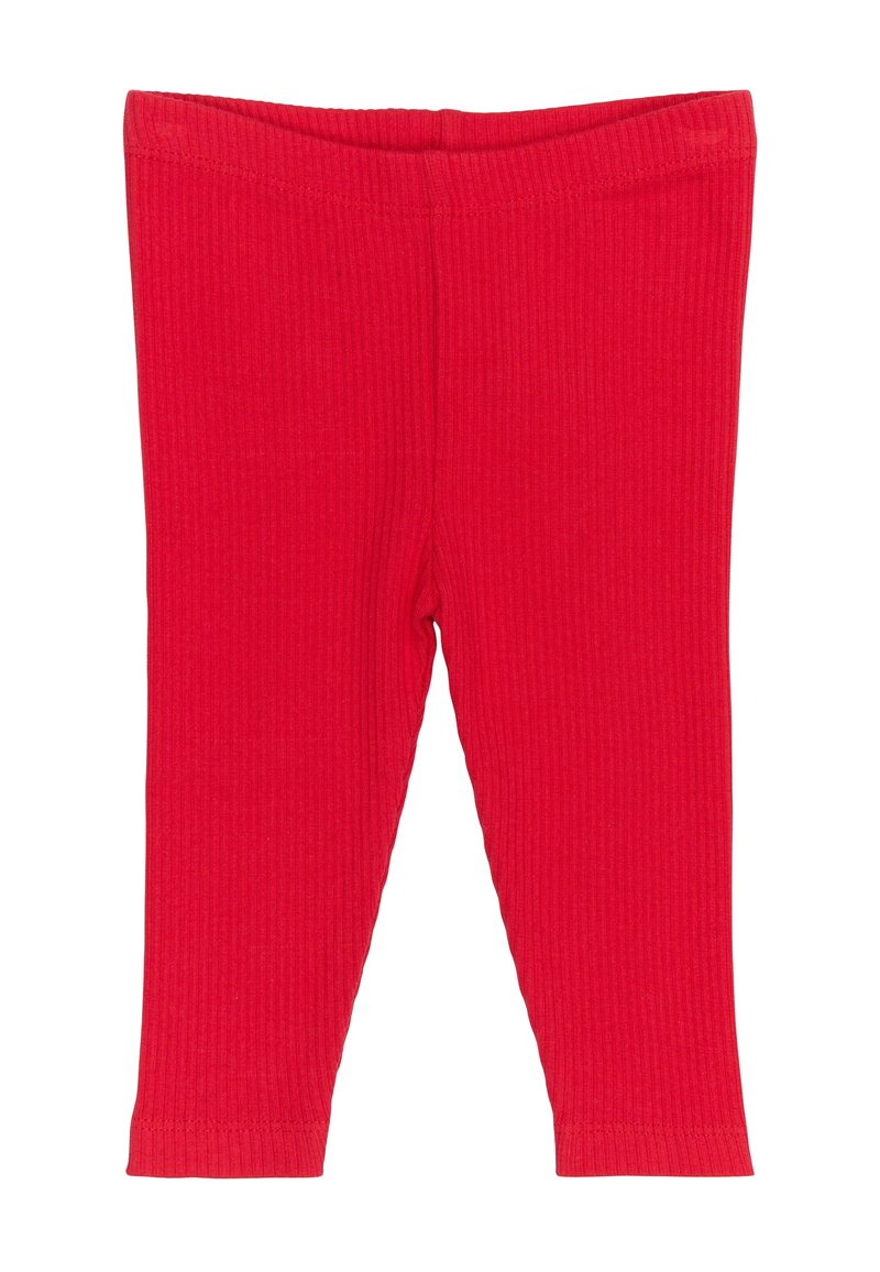 Vörös bordázott leggings, rugalmas derékkal, testre feszülő fazonnal és puha textúrával, alkalmas mindennapi viseletre.