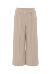 Pantalons à jambes larges en tissu beige clair. Dotés d'une fermeture à bouton, de plis devant et d'une texture lisse avec une coupe soignée.