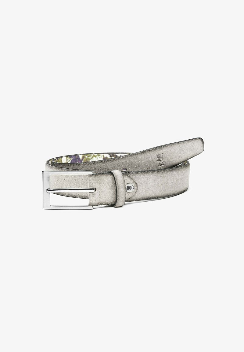 Gürtel aus grauem Leder mit glatter Textur und einer silbernen rechteckigen Schnalle. Das Innere weist ein Blumenmuster auf. 3,5 cm breit.
