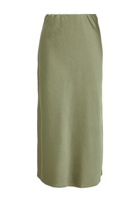 Jupe vert olive, longueur genou, avec une texture lisse, une taille élastique et des fentes latérales pour faciliter le mouvement. Design simple et minimaliste.