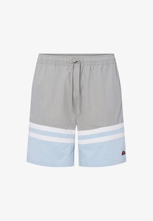 Grau Schwimmshorts mit hellblauen und weißen vertikalen Streifen. Hergestellt aus leichtem Material, mit elastischem Bund und einem Logodetail.