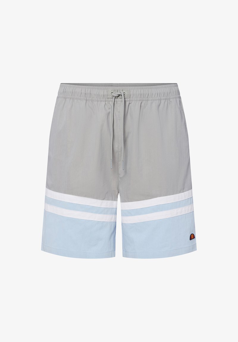 Szare kąpielówki w pionowe jasnoniebieskie i białe paski. Wykonane z lekkiego materiału, z elastycznym pasem i detalem z logo.