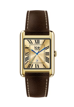 Kwadratowy złoty zegarek z brązowym paskiem ze skóry, czarnymi rzymskimi cyframi, niebieskimi wskazówkami, datownikiem na godzinie szóstej i logo "ice watch" na tarczy.