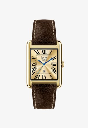 Kwadratowy złoty zegarek z brązowym paskiem ze skóry, czarnymi rzymskimi cyframi, niebieskimi wskazówkami, datownikiem na godzinie szóstej i logo "ice watch" na tarczy.