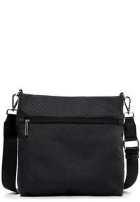 Borsa a tracolla nera realizzata in tessuto testurizzato. Presenta una tasca frontale con zip, una tracolla regolabile e un design rettangolare elegante.